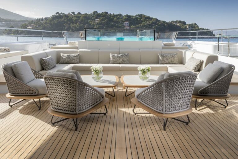 outdoor lounge charter relax comfortable seats outside pool on yacht SEVEN SINS San Lorenzo 52