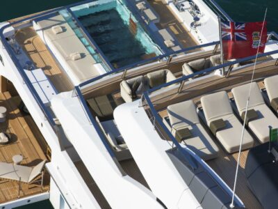 Helocopter view on SEVEN SINS charter yacht San Lorenzo new design swimming pool aft deck