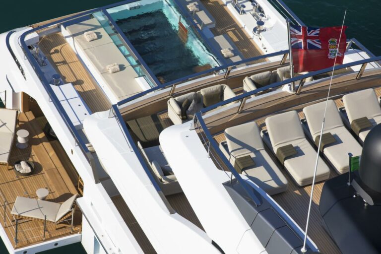 Helocopter view on SEVEN SINS charter yacht San Lorenzo new design swimming pool aft deck